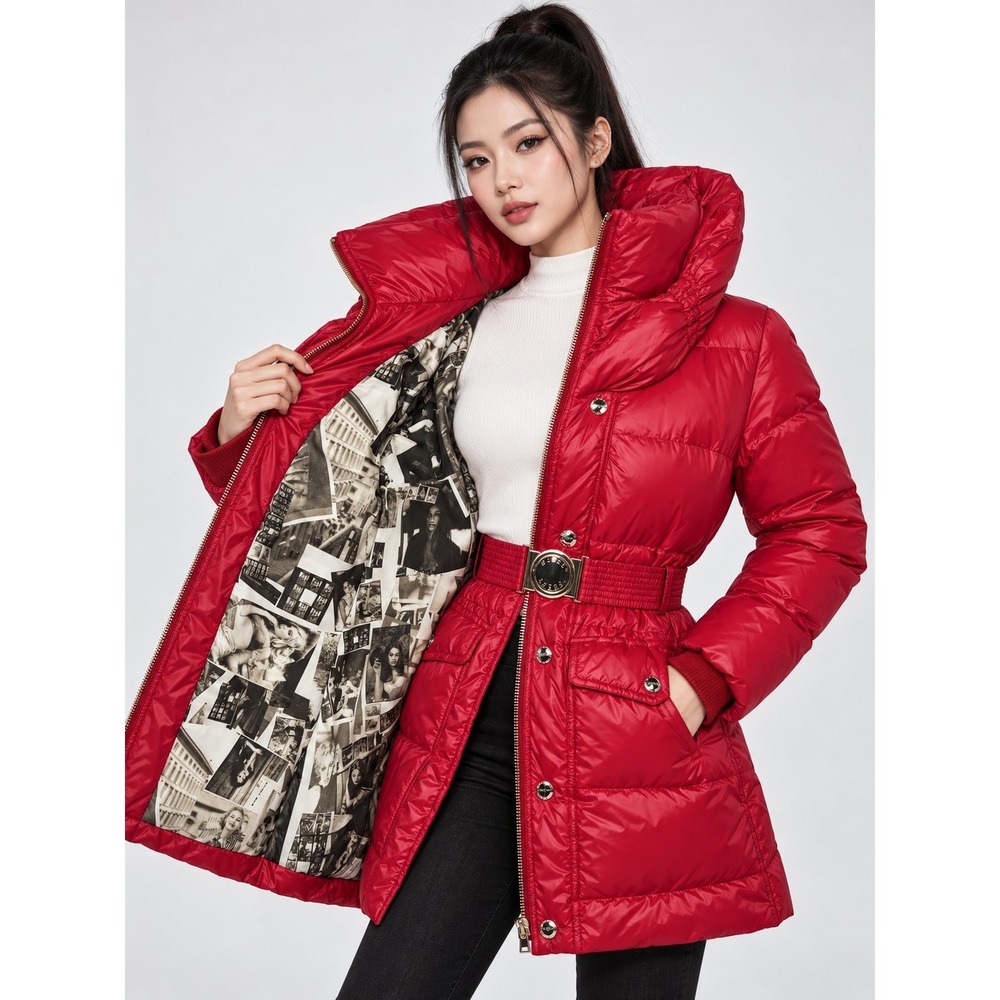 GUESS Women's XS Red Belted Puffer Jacket Photo Collage Lining Funnel Neck Coat